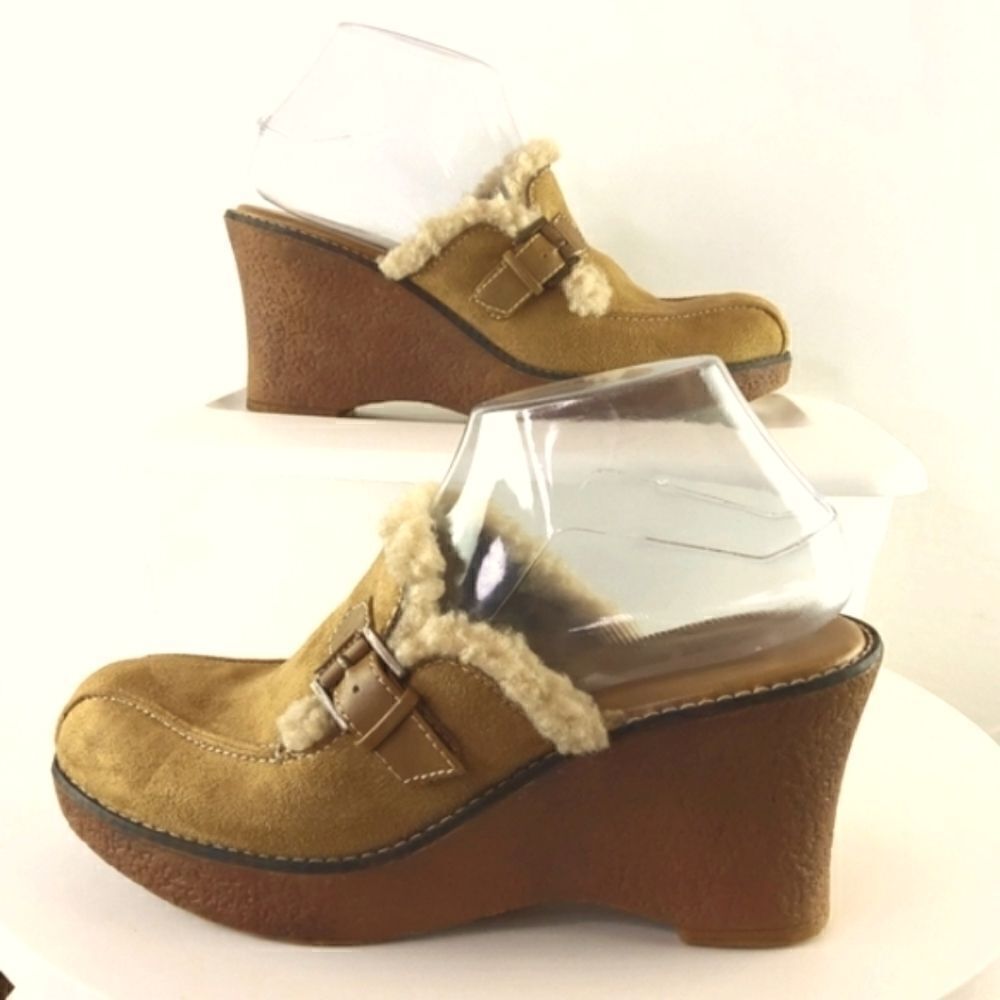Lower East Side camel color faux suede wedge heel clogs with faux fur
